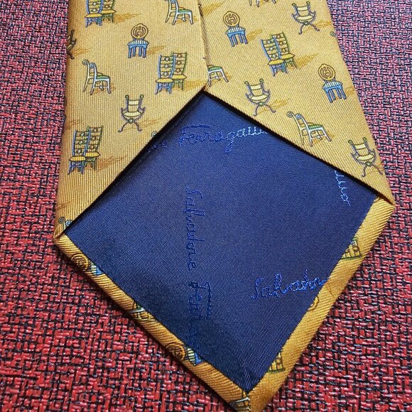 Salvatore Ferragamo Orange Silk Tie Novelty Chair Print Made In Italy Designer - Picture 3 of 8
